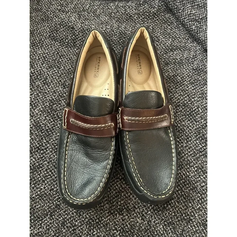 Men’s 9.5 M Sperry Top Sider Driving Mocs Loafers Black Brown Leather Cushioned
